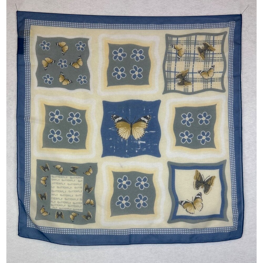 Vintage Cecio Butterfly Print Sheer Scarf 17"x17" Blue Beige Floral Italy